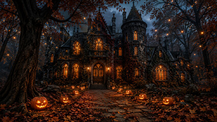 Fototapeta premium Gothic Manor House Halloween Forest Exterior