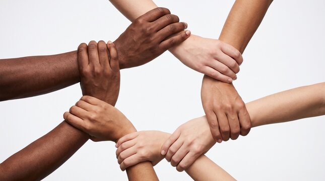 Diverse group of people holding hands in a circular formation representing global unity teamwork and social inclusion