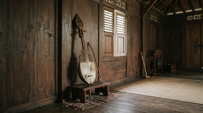 Rebab presented in a traditional music setting, conveying Indonesian cultural heritage and musical preservation for tourism marketing, education, documentaries, and cultural communication.