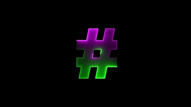 Neon glowing hashtag icon animation on alpha transparent background, neon hashtag icon 4k video