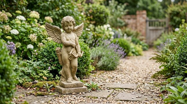 Stone Cupid statue with bow and arrow in a lush garden. Winged cherub sculpture on a gravel path surrounded by flowers and green plants
