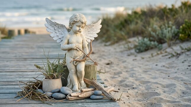 Stone Cupid statue on a wooden beach boardwalk. Decorative cherub sculpture with driftwood and stones next to the ocean