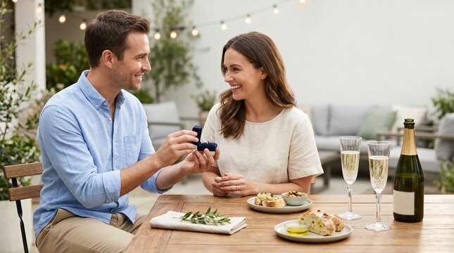 Man proposing to a woman with an engagement ring at an outdoor dinner. Happy couple celebrating with champagne on a patio