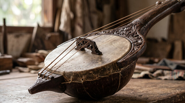 Detailed view of rebab craftsmanship showing natural wood, strings, and traditional construction for cultural education, artisan storytelling, heritage preservation, and publishing.