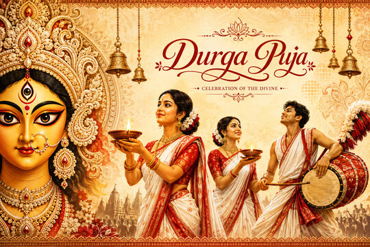 Happy Durga Puja celebration with Bengali women performing traditional aarti and dhak ceremony
