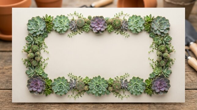 Rectangular frame of succulents and cacti on cream paper. Botanical border on a rustic wooden table with gardening tools in the background. Copy space for text