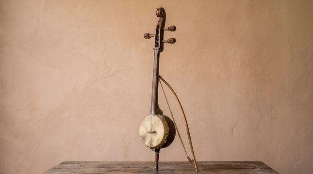 Traditional Indonesian rebab displayed in a clean studio setting, highlighting cultural heritage, craftsmanship, and musical history for education, tourism, publishing, and cultural campaigns.