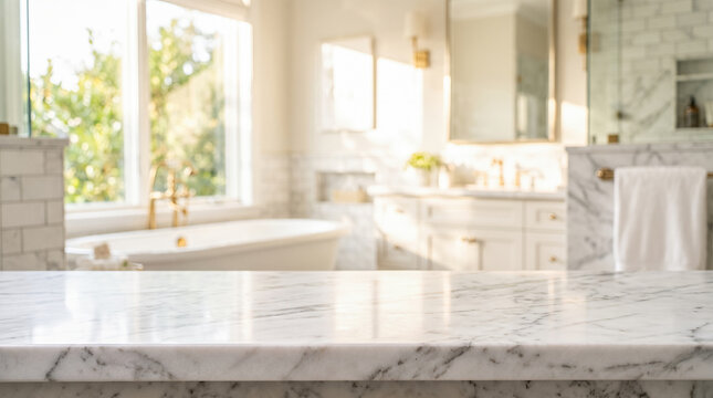 Empty marble stone bathroom countertop mockup template standing directly before luxurious residential master bath interior featuring large white soaking tub near window