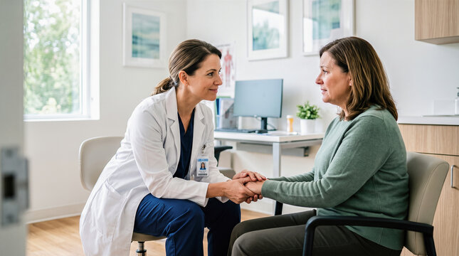 Smiling adult female physician wearing white lab coat holding senior patient hands sitting together inside bright medical clinic diagnostic examination room