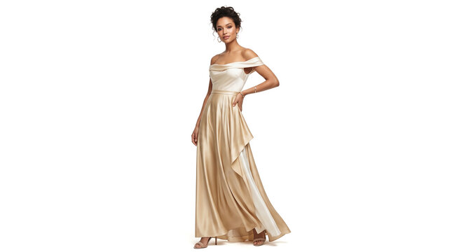Beautiful young african american woman wearing elegant gold silk evening gown dress standing against plain solid white studio background posing for fashion portrait