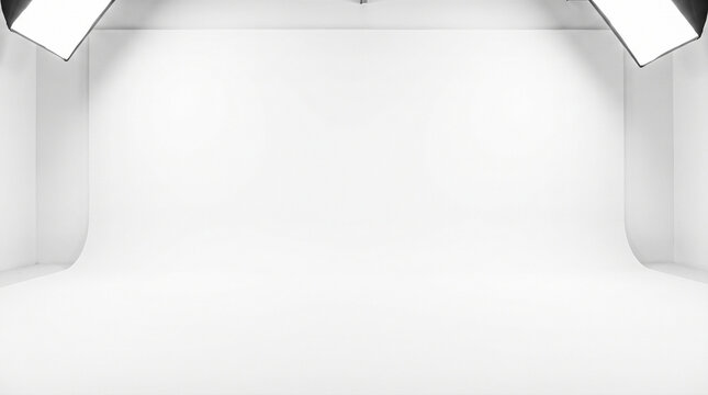 empty white photography studio seamless background cyclorama professional lighting equipment softboxes mounted ceiling interior setup commercial product shooting blank space room
