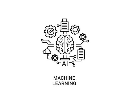Machine learning artificial intelligence brain diagram with integrated technical icons