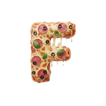 Pizza alphabet letter F, pepperoni and melted cheese food typography, realistic 3D pizza font on white background