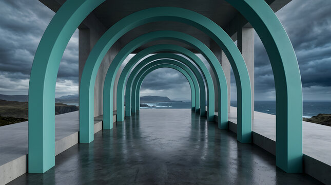 Modern abstract 3D render showcasing a plum purple spiral parametric pavilion, three-quarter view, against a gradient twilight sky, with dramatic rim lighting, with a glossy reflective floor