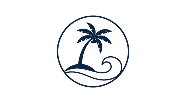 Minimalist tropical island logo with palm tree and wave.