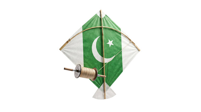 Traditional Pakistani flag kite with wooden spool, green and white paper kite for Basant festival, national day celebration kite isolated PNG with Transparent Background