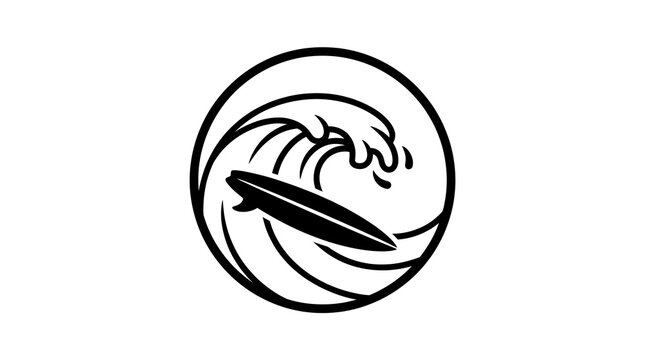 Minimalist black and white surfing logo design with wave and surfboard.