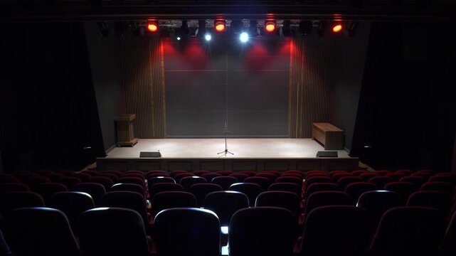 An image of an empty stage where activities such as music, concerts, and theater presentations will take place. An indoor hall equipped with professional sound and light systems.