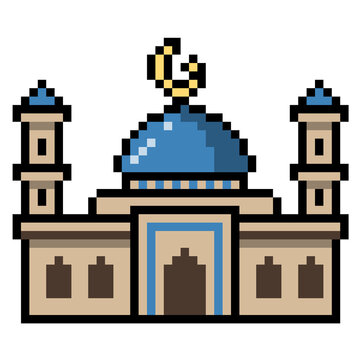 Pixel art mosque building with blue dome, minarets, and crescent moon symbol, 8-bit retro style Islamic architecture vector graphic for Ramadan and Eid design.