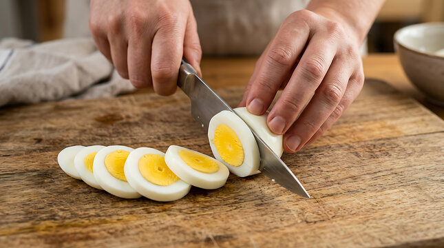 Close-up of Hands Slicing Hard-Boiled Eggs on a Wooden Cutting Board for Healthy Cooking Recipes