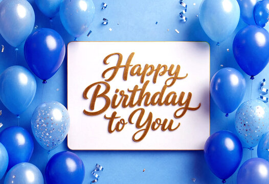 Beautiful birthday greeting card with blue balloons and confetti on a vibrant background