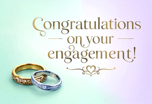 Beautiful golden and silver engagement rings with congratulations message on soft pastel background