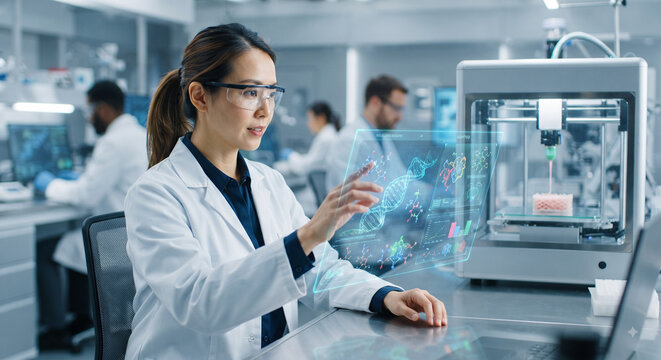 Focused female molecular biologist interacting with an advanced AI holographic interface displaying DNA structures and bioprinting data in a modern biomedical research laboratory