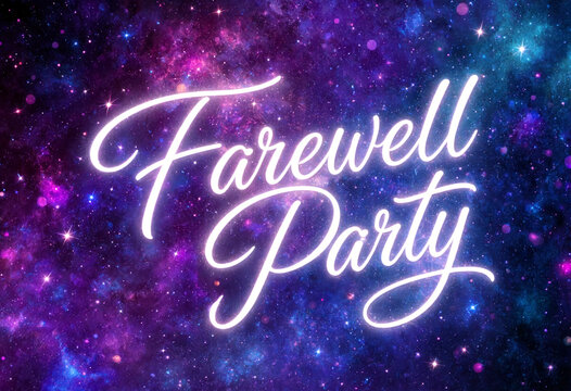 Beautiful glowing farewell party text with elegant cursive font on cosmic background perfect for invitations
