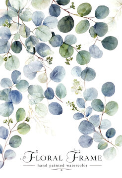 Beautiful handpainted watercolor eucalyptus leaves in soft blue and green hues floral frame