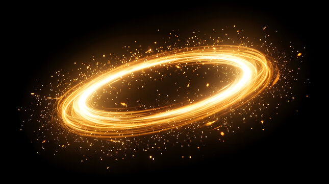 A vibrant golden elliptical light ring with sparkling particles against a dark background, creating a dynamic and magical effect.