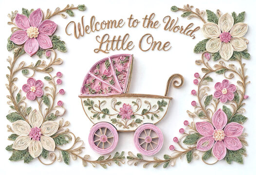 Beautiful quilled paper art featuring a baby carriage with flowers welcoming a newborn child