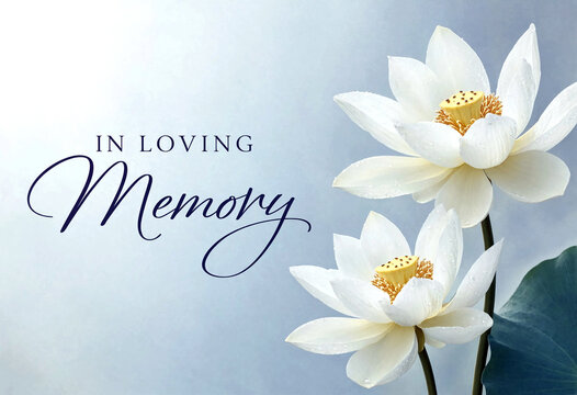 Beautiful white lotus flowers in full bloom with a heartfelt loving memory message