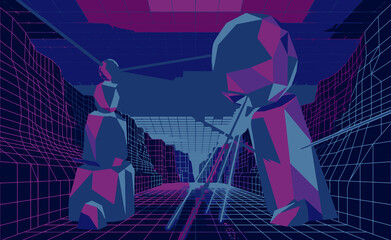 Futuristic digital landscape with laser beams reflecting off rocks © wazebul