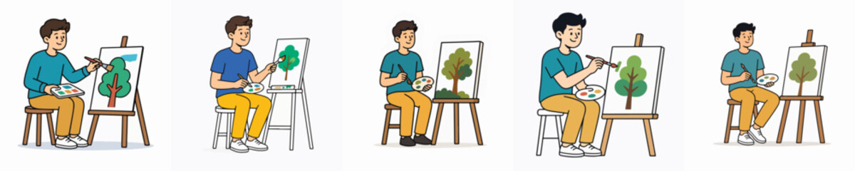Fototapeta premium Set of vector illustrations of a young man drawing something.