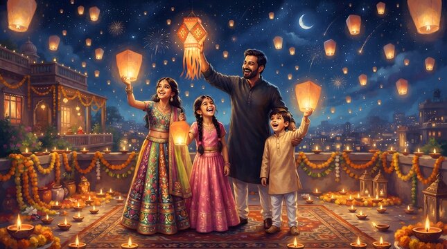 Happy indian family celebrating diwali festival with lanterns and diyas on terrace