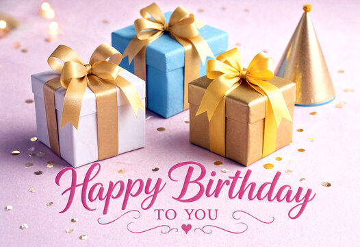 Beautifully wrapped birthday gifts with golden bows and party hat on pastel background for celebration