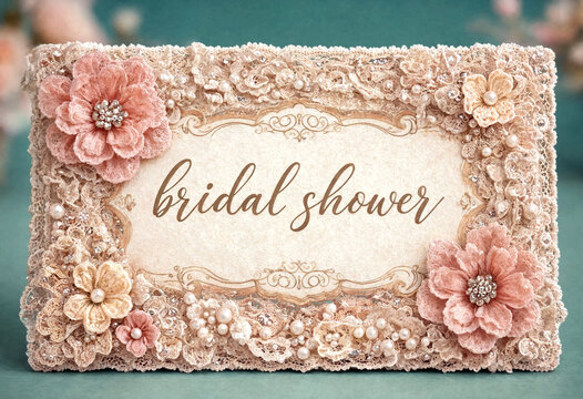 Beautifully decorated vintage bridal shower sign with lace flowers and pearls for wedding events