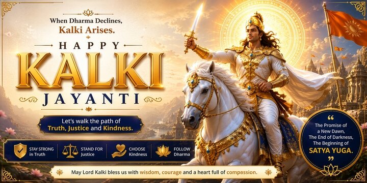 Religious celebration of kalki jayanti with warrior figure mounted on horseback hinduism mythology religion spiritual festival illustration majestic