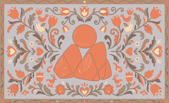 Stylized Buddha figure with ornate floral background for spiritual decor