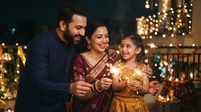 Happy indian family celebrating diwali with sparklers at night