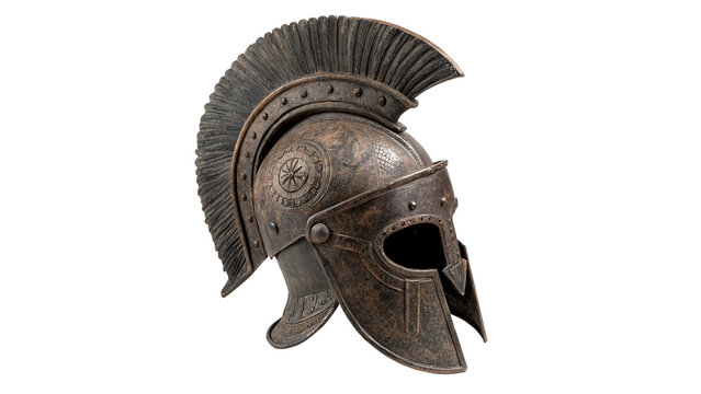 Ancient greek Spartan warrior helmet bronze replica isolated on a white background historical