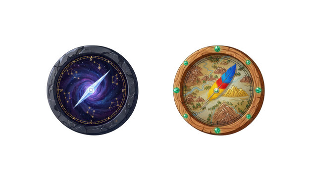 Two Fantasy Navigation Compasses with Galaxy and Map Designs