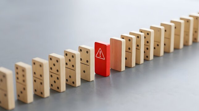 Red Wooden Warning Block Standing Apart from a Uniform Row Symbolizing Business Risk and Error Detection