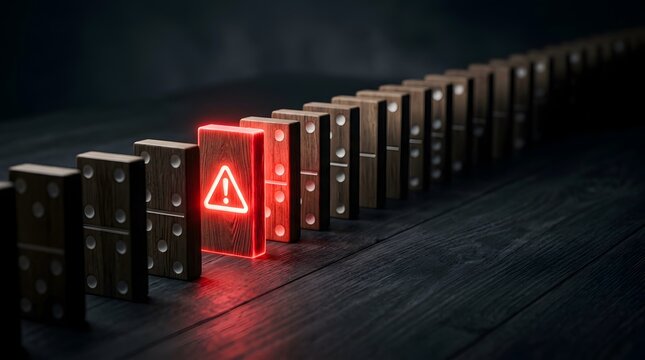 Distinct Red Block with Warning Symbol Among Wooden Blocks Representing Corporate Risk Identification and Control