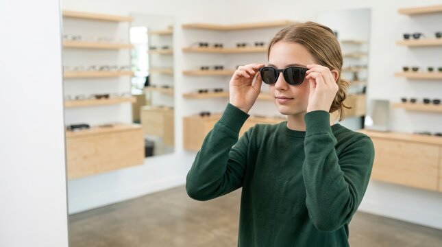 Teenage girl trying on sunglasses in a retail store. Adolescent customer holding black eyewear frames in an optical boutique. Fashion shopping concept