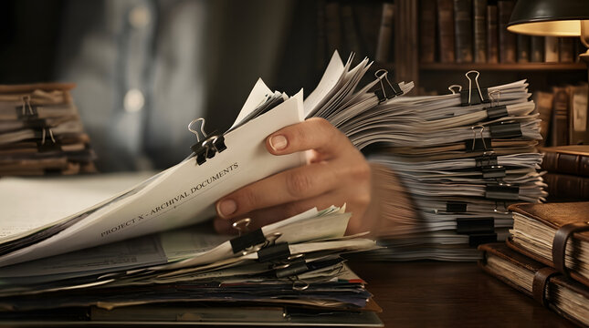 Hand riffling through secret archival project documents in a study