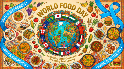 Fototapeta premium World Food Day banner featuring global cuisines and globe.