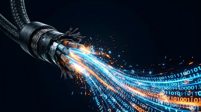 Broken Network Cable with Digital Data Streams Representing Connectivity Failure and Cybersecurity Risk