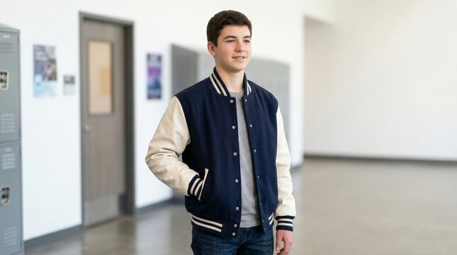 Teenage boy wearing a classic navy blue and cream varsity jacket. Young male high school student posing in a brightly lit hallway. Casual youth fashion and apparel