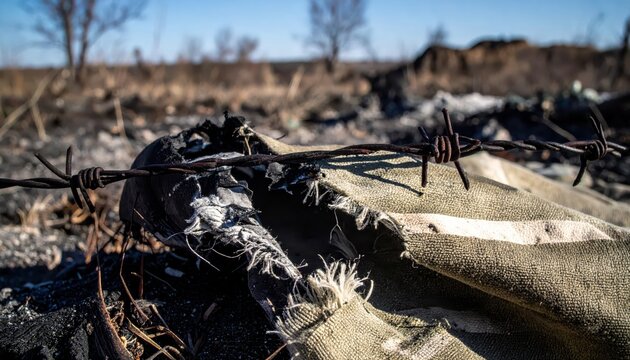 Barbed wire lies over torn and burnt military fabric on a desolate battlefield landscape, symbolizing destruction and war